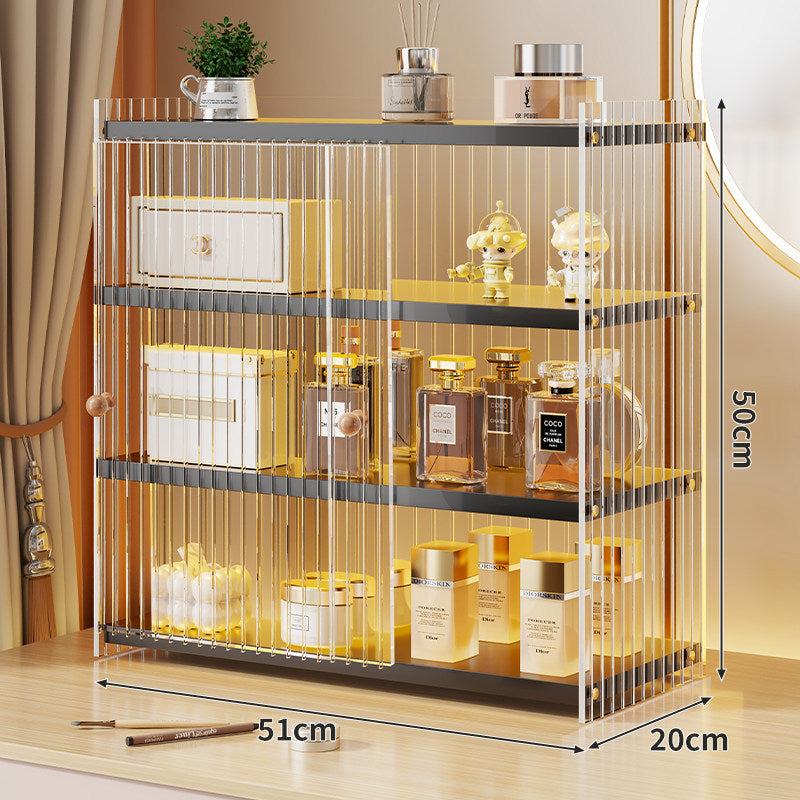 Mehrerebenen-Acryl-Parfüm- und Make-up-Displayregal mit schiebbaren Türchen mit goldenen Verzierungen
