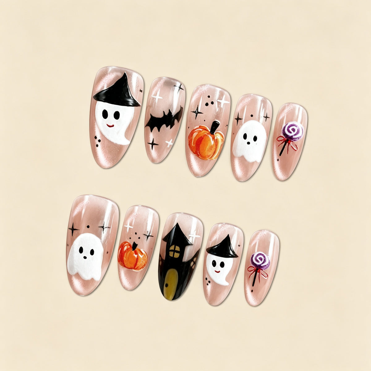 Kunstnagelset mit fröhlichem Halloween-Motiv und künstlerischen Designs Brehn