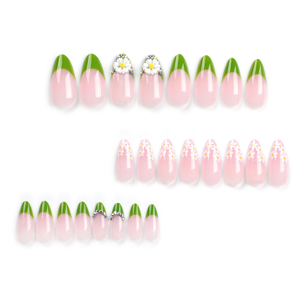 Kunstnägel mit floralen Akzenten und grünem French-Tip Brehn