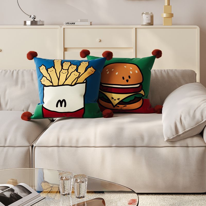 Decorative Cartoon Fries-Cats Square Throw Pillow Cover with Pom-Pom Tassel Corners