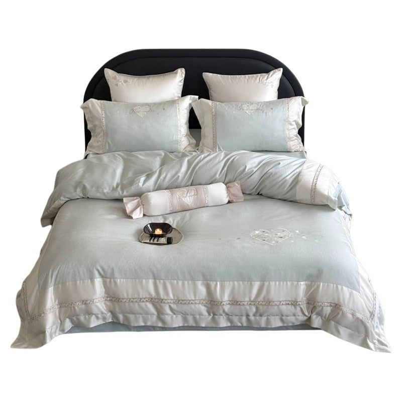 Bestickte Satinbesatz Baumwollsatin Bettbezug Set mit dekorativem Bolster