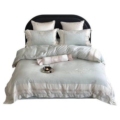 Bestickte Satinbesatz Baumwollsatin Bettbezug Set mit dekorativem Bolster