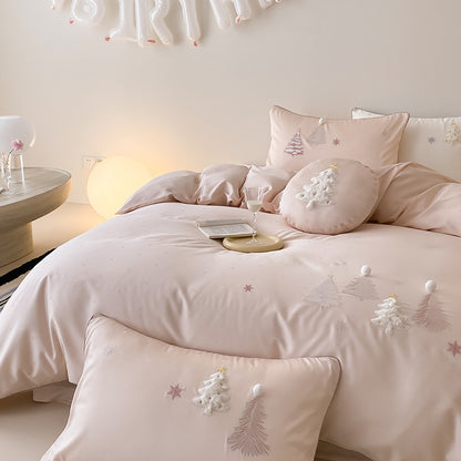 Besticktes Pom-Pom Baumwollsatin Bettwäsche Set mit dekorativem runden Kissen