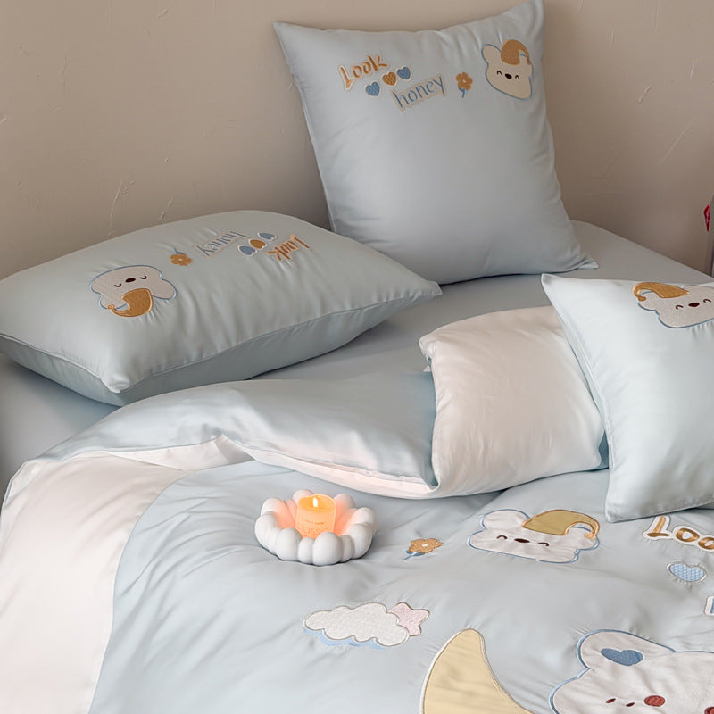 Kinder-Bettwäsche-Set aus Baumwollsatin mit applizierter Mond- und Bärenapplikation, gesteppter Bettdecke Brehn