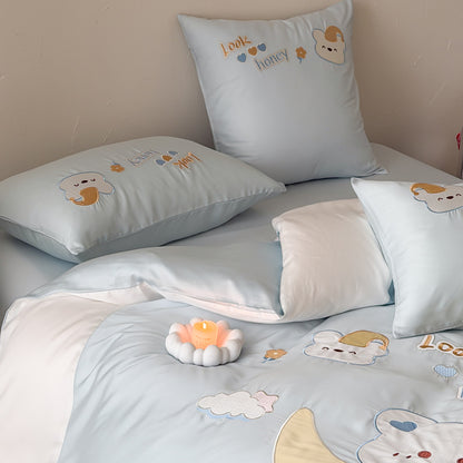 Kinder-Bettwäsche-Set aus Baumwollsatin mit applizierter Mond- und Bärenapplikation, gesteppter Bettdecke Brehn