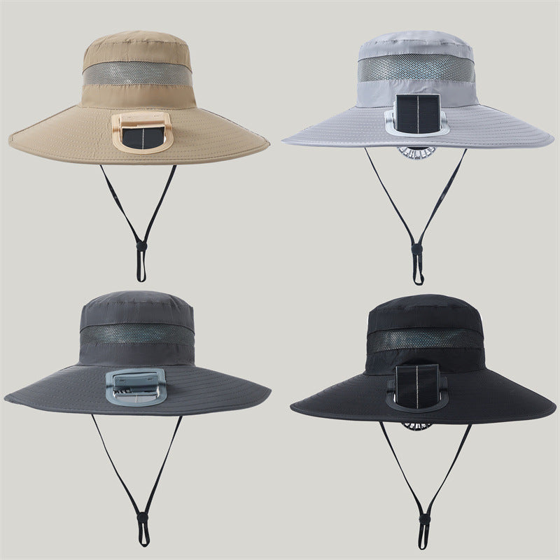 breiter Outdoor-Sonnenhut mit Solarmodul, leisem Mini-Ventilator und verstellbarem Kinnriemen Brehn