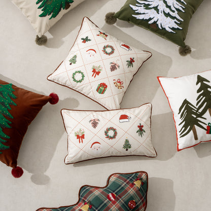 Rechteckiger dekorativer Kissenbezug mit weihnachtlichen Stickmotiven und Paspelierung Brehn