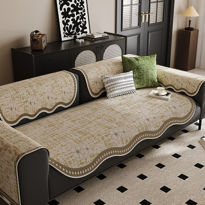 Tailored Scalloped-Edge Sofa Seat and Armrest Protector with Anti-Slip Backing