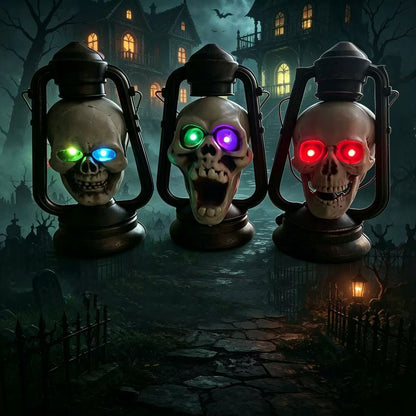 Halloween-Dekolaterne Totenkopf mit LED-Augen und Vintage-Öllampen-Design
