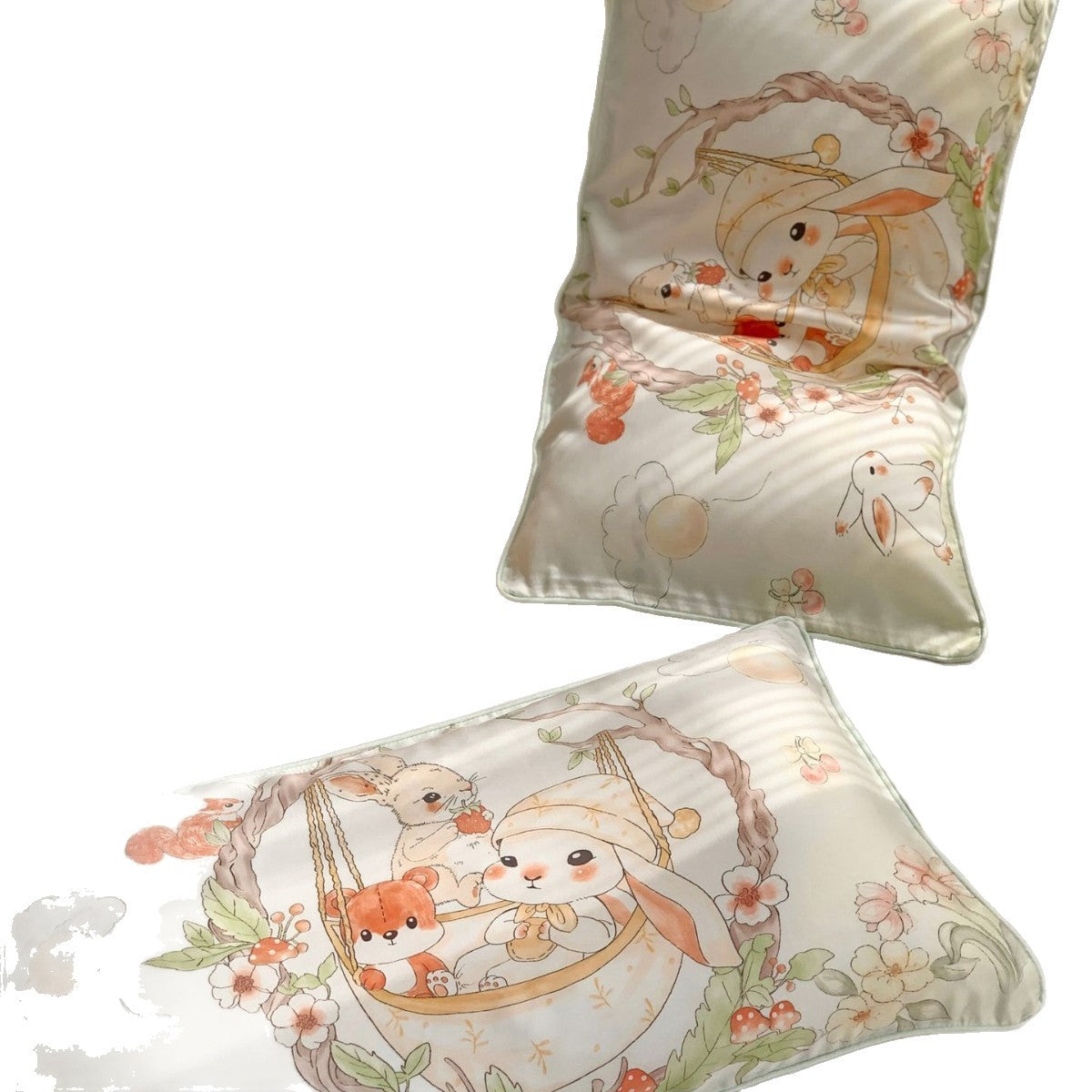 Satin-Kühl-Kissenbezug-Set mit Bunny- und Blumenillustration