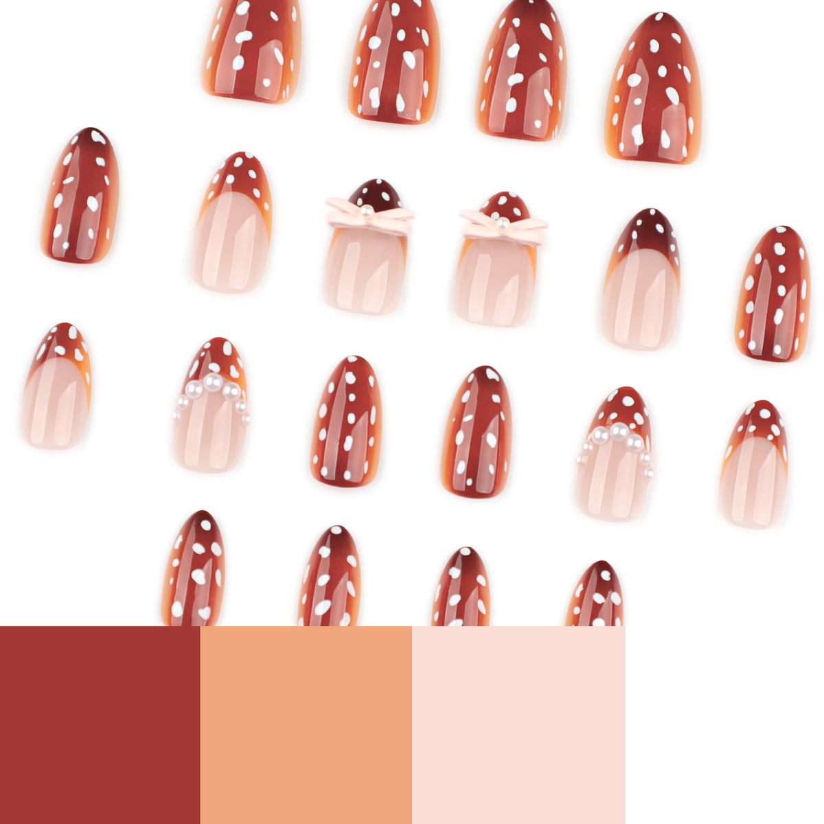Künstliche Nagelkunst mit Punktmuster und Schleifenakzenten Brehn
