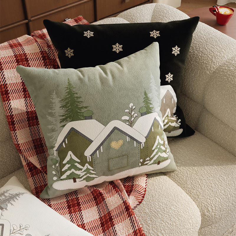 Winter Cottage Embroidered Plush Square Throw Pillow Cover with Hidden Zipper