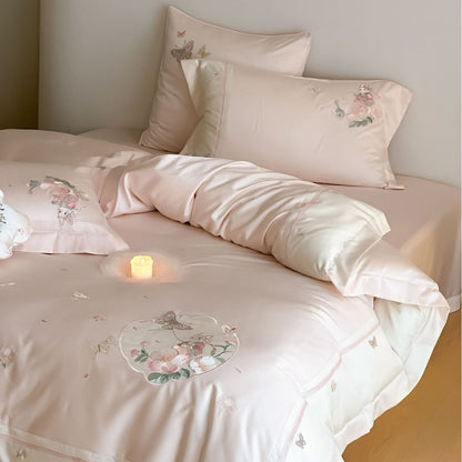 Bestickte Blumen Satin Bettbezug Set