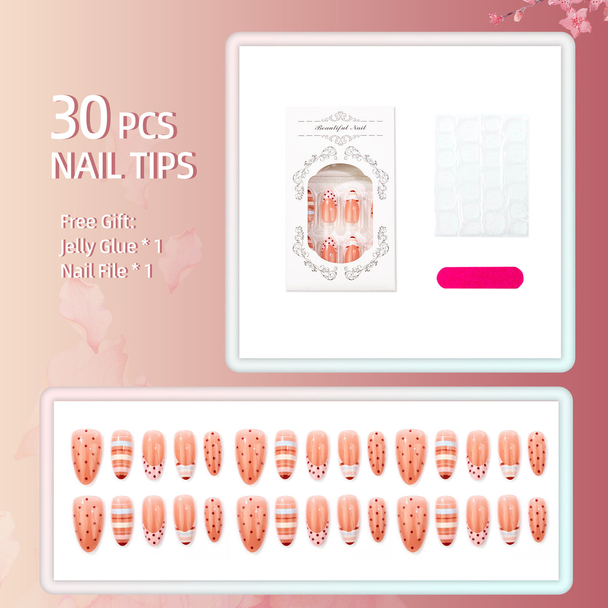 Dekoratives Druck-Nagelset mit Punkten und gestreiften Designs