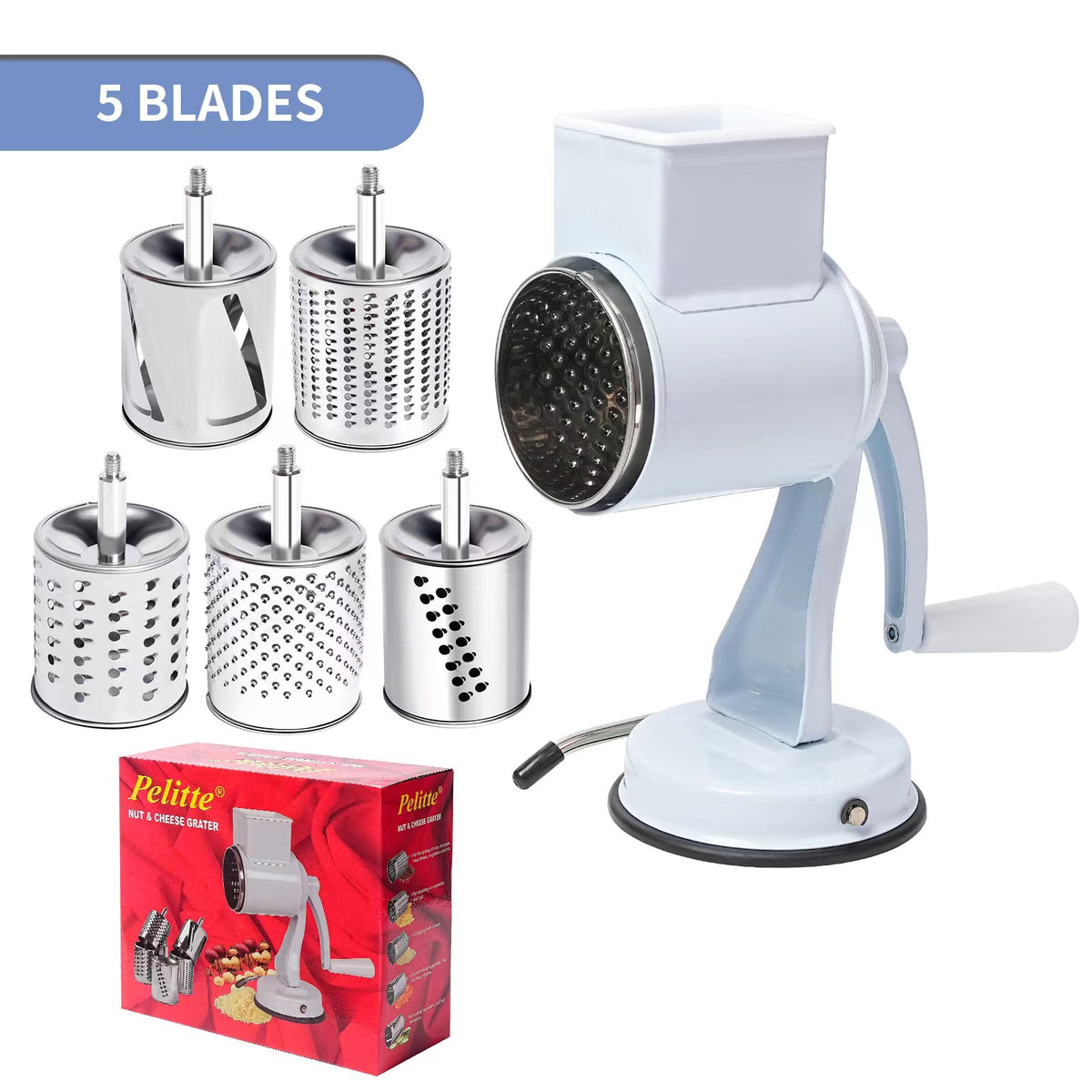 Manual Rotary Nut Grinder with Dual Stainless-Steel Drum Blades and Clamp