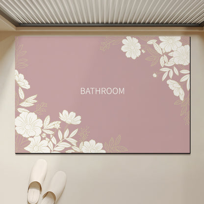 Absorbent Anti-Slip Bathroom Door Mat with Floral Corner Print and Quick-Dry Microfiber Surface