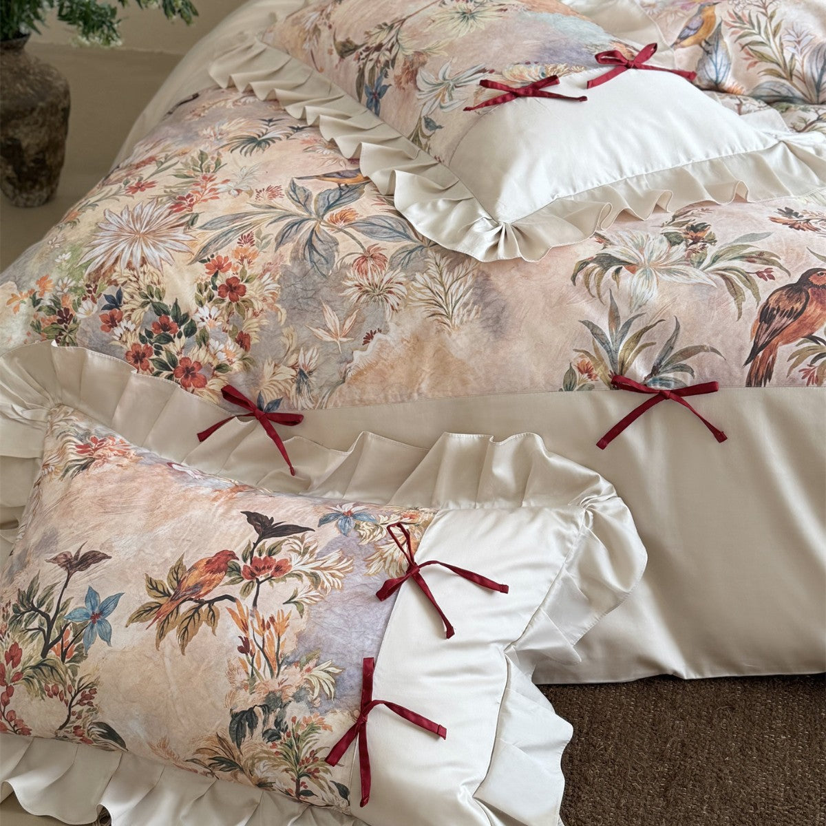 Floral Rüsch Satin-Feel Bettbezug Set mit Vogelprint und Band-Tie Kissenbezügen