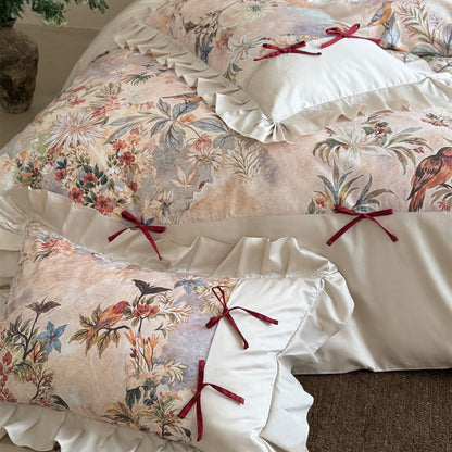 Floral Rüsch Satin-Feel Bettbezug Set mit Vogelprint und Band-Tie Kissenbezügen