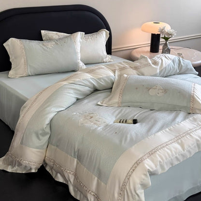Bestickte Satinbesatz Baumwollsatin Bettbezug Set mit dekorativem Bolster