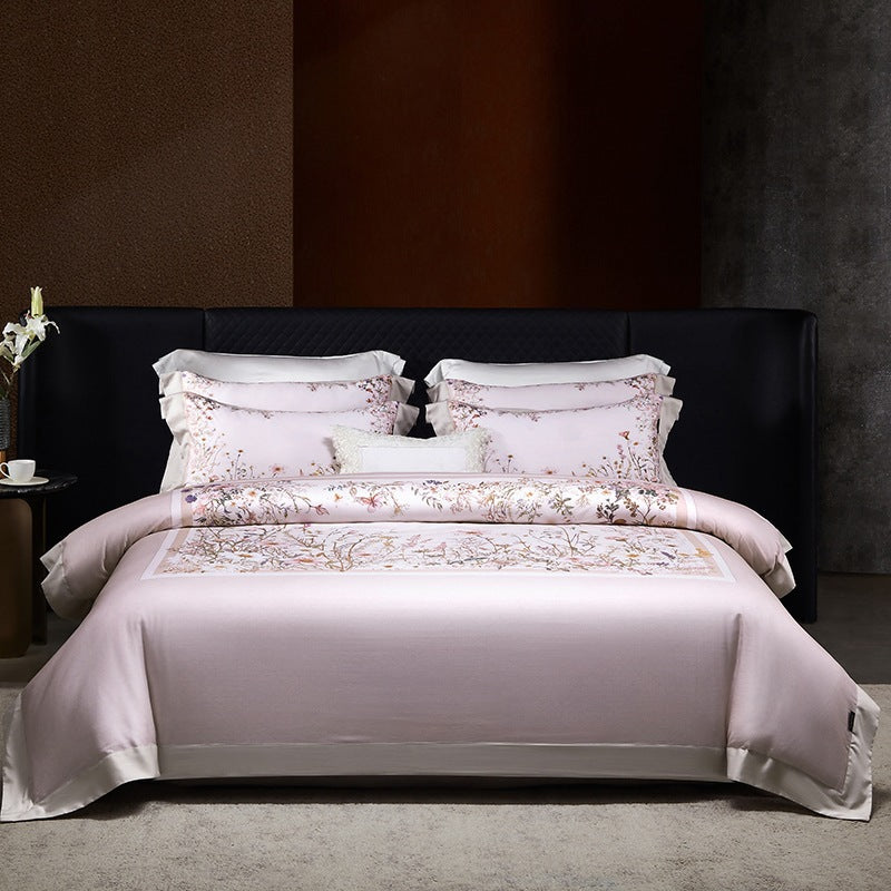 Luxe Satin-Feel Floral Mittel-Panel Bettbezug Set mit Gerolltem Bolster & Euro Kissenbezügen