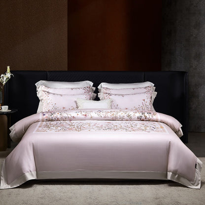Luxe Satin-Feel Floral Mittel-Panel Bettbezug Set mit Gerolltem Bolster & Euro Kissenbezügen