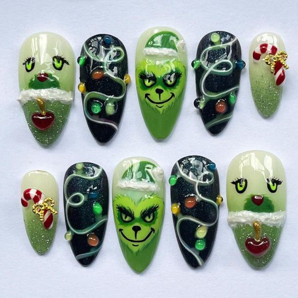 Festliches Grinch-Themen Press-On Nagelkunst Set Brehn
