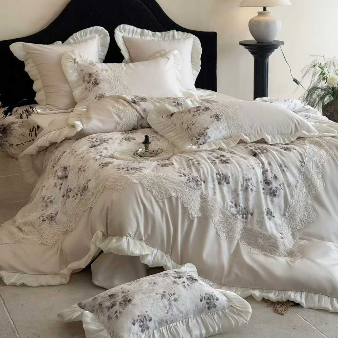 Florales Spitzen-Applikation Sateen Bettbezug Set mit Rüschensatinbesatz