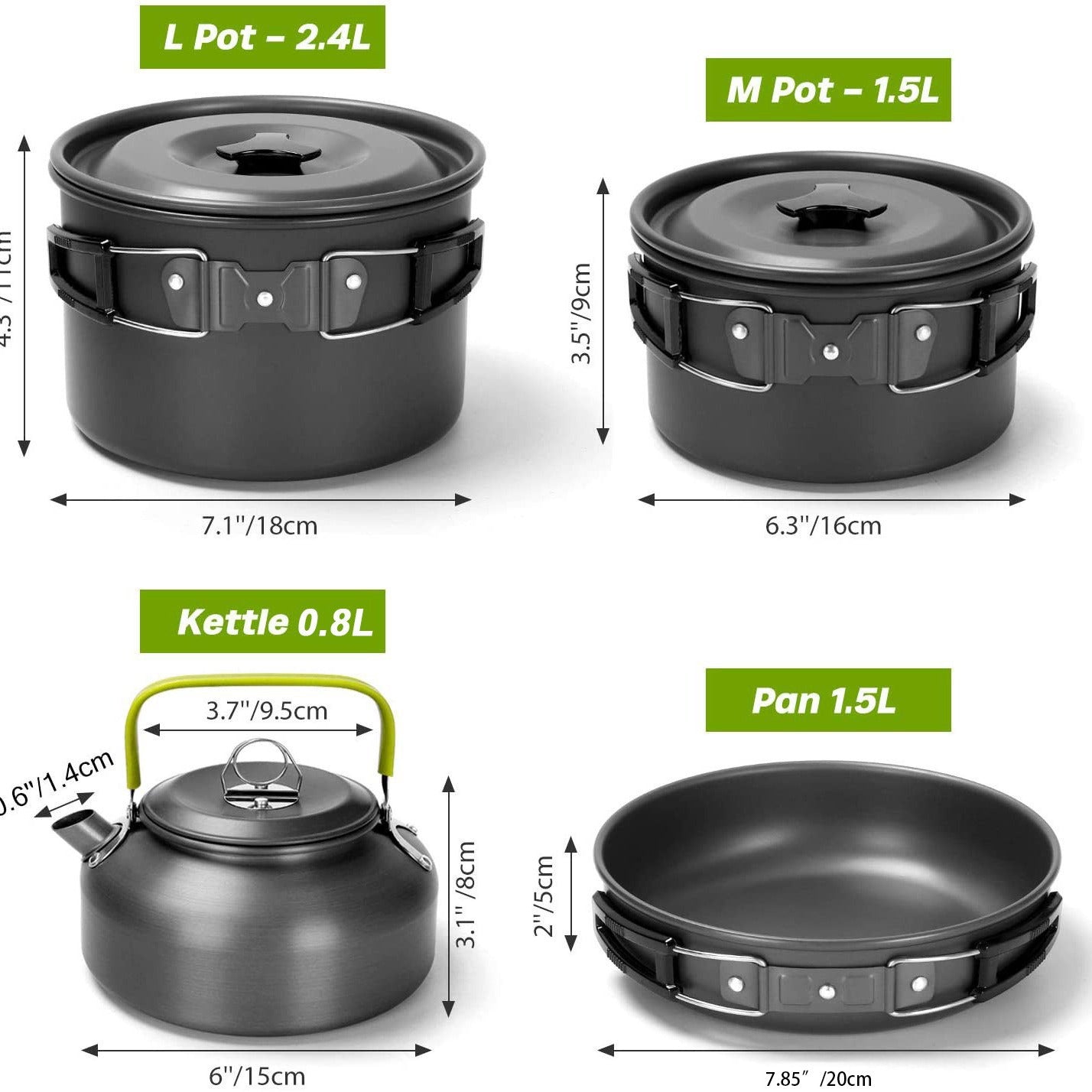 kompakte stapelbare anodisierte Aluminium-Campinggeschirrset mit Wasserkocher, antihaftbeschichteten Töpfen, Bratpfanne, faltbarem Waschbecken, Edelstahlplatten, Tassen Brehn