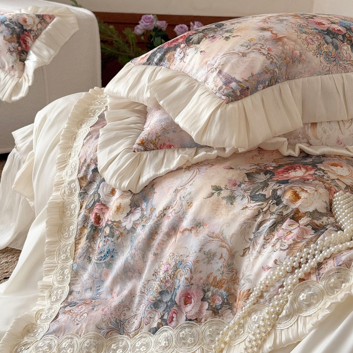 Vintage Floral Jacquard Bettwäsche Set mit Rüschensatinbesatz und Spitzenpaneel