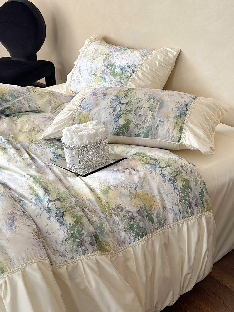 Luxuriöses Satin-Bettwäsche-Set mit Rüschen und Aquarellblumenmuster