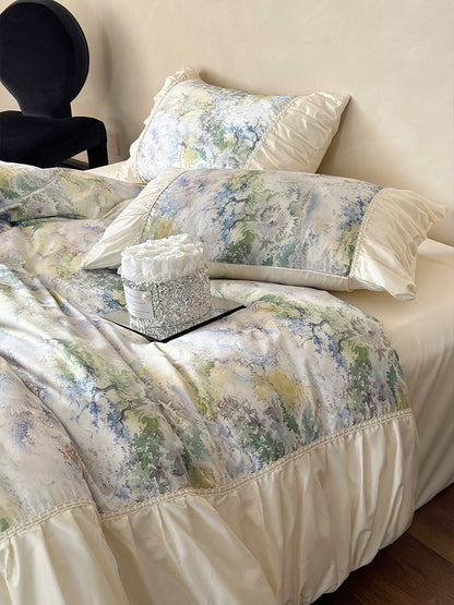 Luxuriöses Satin-Bettwäsche-Set mit Rüschen und Aquarellblumenmuster