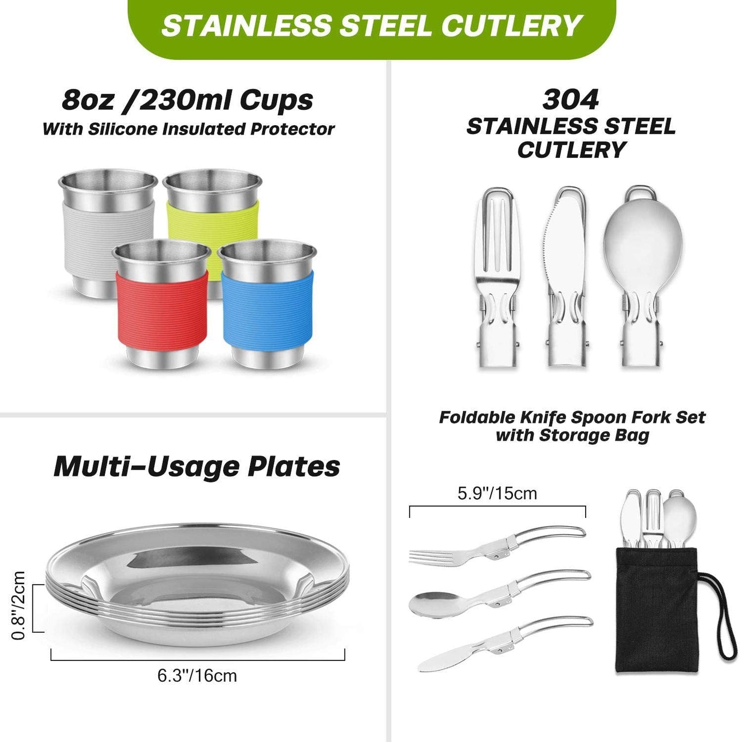 kompakte stapelbare anodisierte Aluminium-Campinggeschirrset mit Wasserkocher, antihaftbeschichteten Töpfen, Bratpfanne, faltbarem Waschbecken, Edelstahlplatten, Tassen Brehn