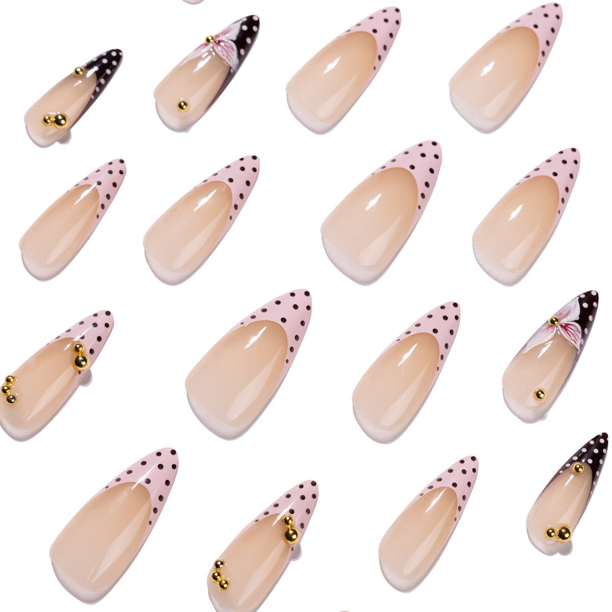 Kunstvolle Stiletto-Nägel mit floralen Akzenten und Glitzer Brehn