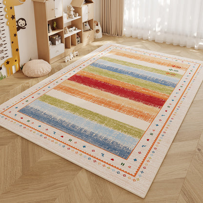 Low-Pile Kids' Playroom Area Rug with Colorful Patchwork Border