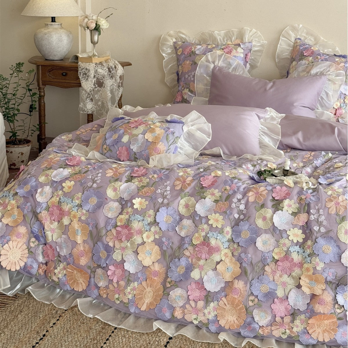 3D Floral Spitze Applikation Rüschende Bettbezug Set