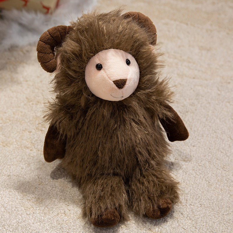 Plüschiger, flauschiger, ram-inspirierter Teddy mit langem Kunstfellmantel und besticktem Gesicht Brehn