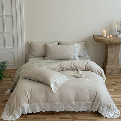 Rüsch Lace-Trim Baumwolle Duvet Cover Bettwäsche Set mit gewelltem gesticktem Saum