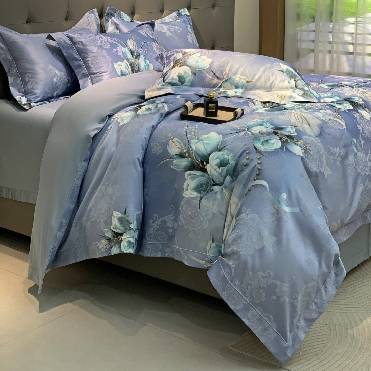 Florales Satin-Effekt Luxus Bettbezug und Kissenbezug Set