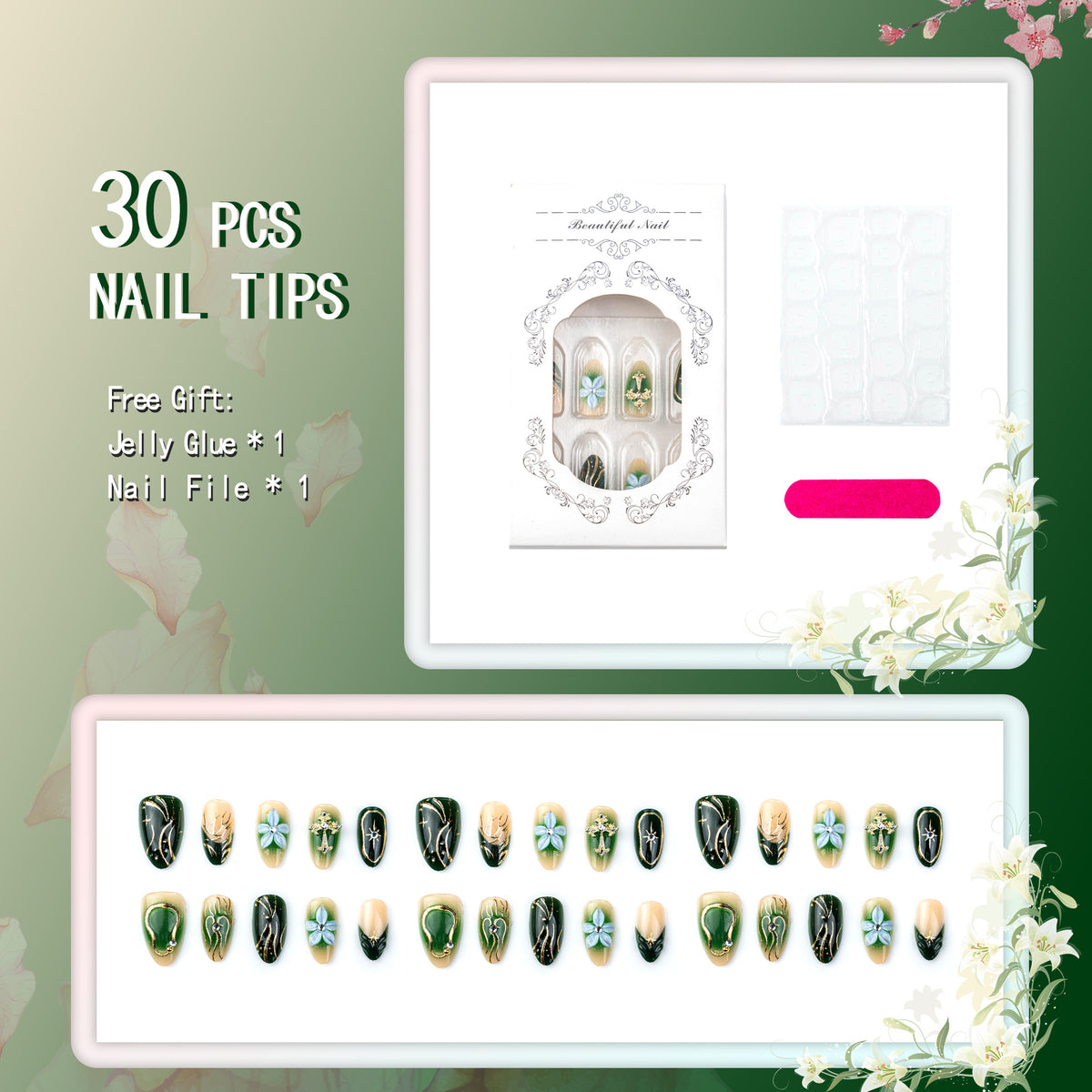 Künstlerisches Press-On-Nagelkunst-Set mit floralen und metallischen Designs