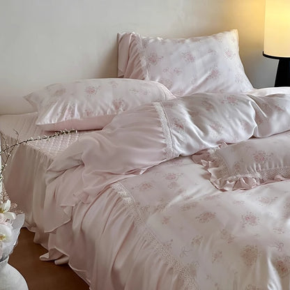 Seidenfarbene florale Mikrofaser Rüschende Bettwäsche Set mit Bettrock-Stil Saum