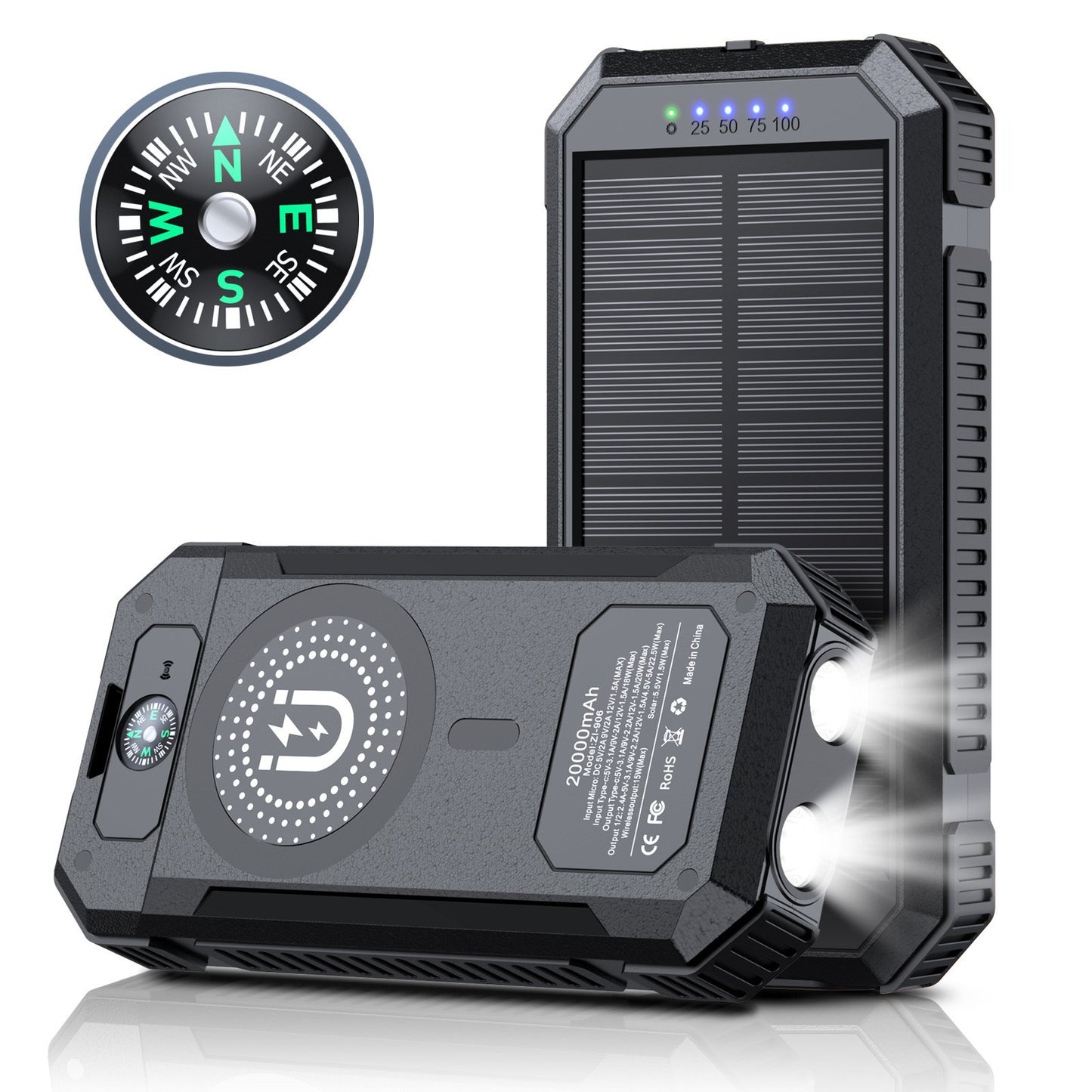Tragbare Solar Powerbank mit LED-Licht und Kompass Brehn