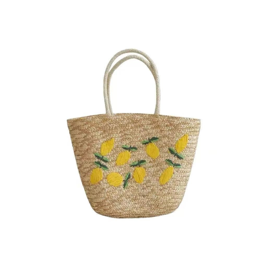 Geräumige Strohtasche mit Zitronenstickerei Brehn
