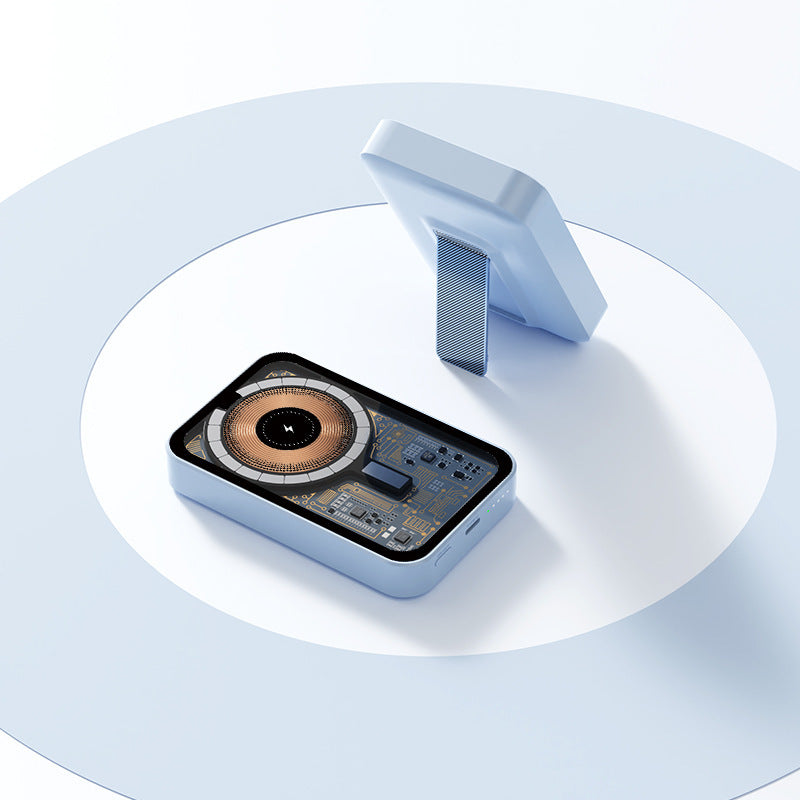 Tragbare Powerbank mit innovativer kabelloser Ladefunktion und integriertem Standfuß Brehn