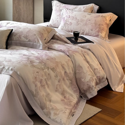 Pastell-Aquarell-Blumen-Satin-Back-Bettbezug-Set mit Paspelabschluss