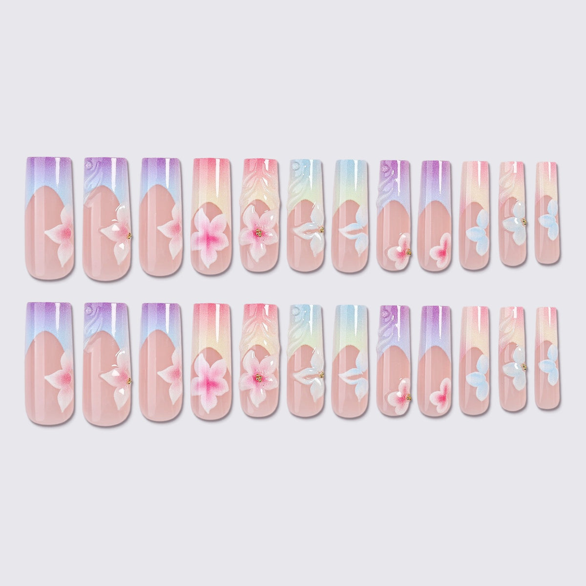 Kunstnagelset mit farbenfrohem Blüten-Design und eleganten Akzenten Brehn