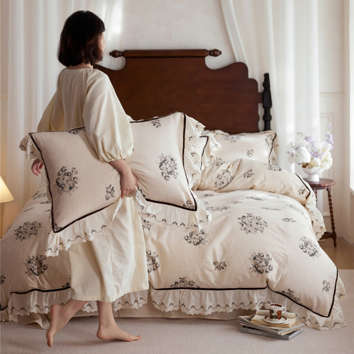 Vintage Floral Rüschende Bettbezugset