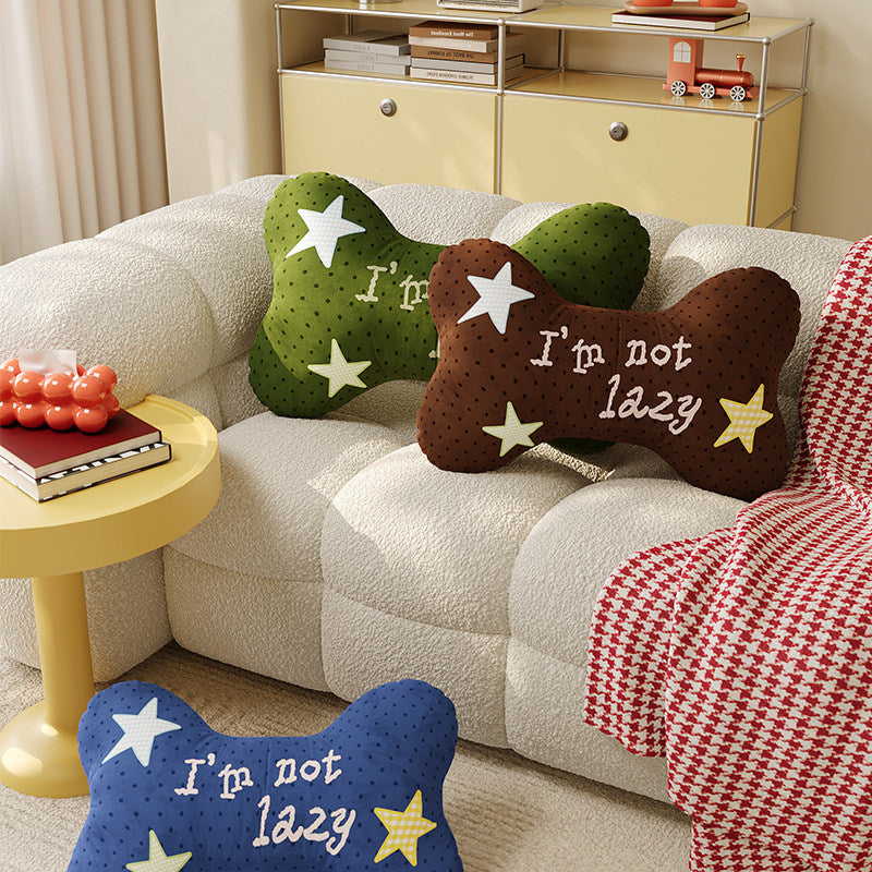 Decorative Bone-Shaped Throw Pillow with Slogan Embroidery