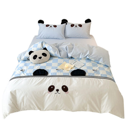 Kinder-Bettwäschegarnitur mit Karo-Muster, gesticktem Panda‑Gesicht und dreidimensionalen Ohrapplikationen