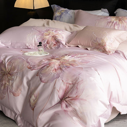 Seidiger Satin-Hortensien-Print Bettbezug-Set mit umkehrbarem Rücken und dekorativen Kissenbezügen