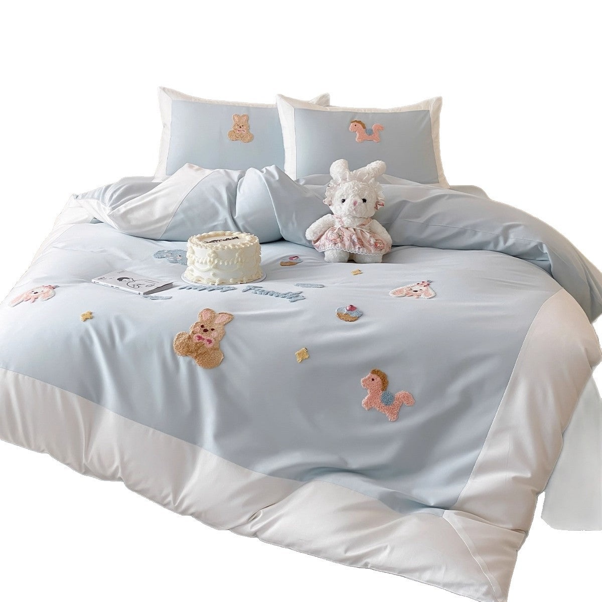 Baumwoll-Satin Applikation Hase Bettbezug Set mit Kontrastbordüre und Dekokissenbezügen